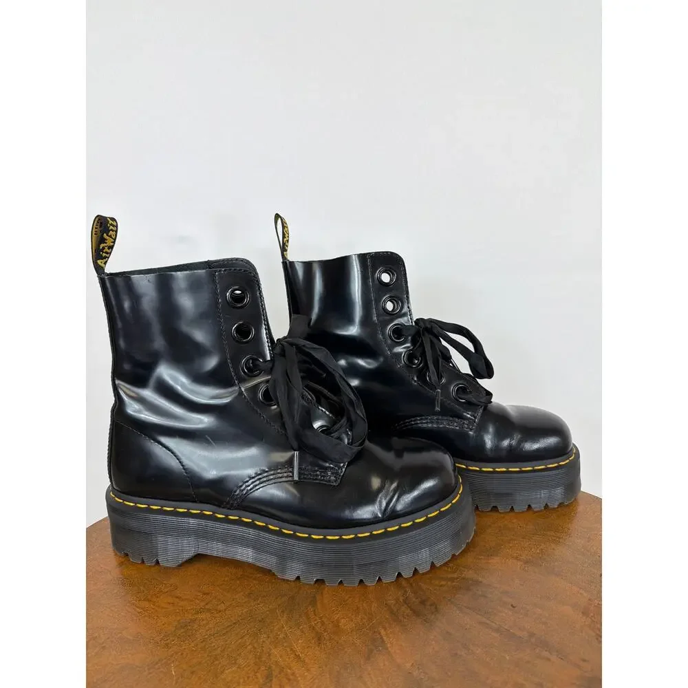 Dr. Martens Molly Black Patent Leather Platform 6 Eye Airwair Boots L11 EU43